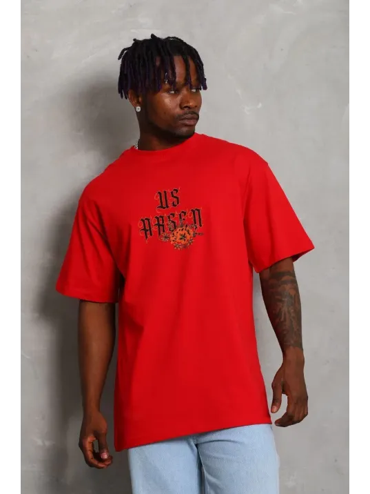 Unisex Oversize Baskılı Bisiklet Yaka T-Shirt - Kırmızı Unisex Oversize Baskılı Bisiklet Yaka T-Shirt - Kırmızı