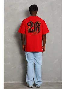Unisex Oversize Baskılı Bisiklet Yaka T-shirt - Kırmızı
