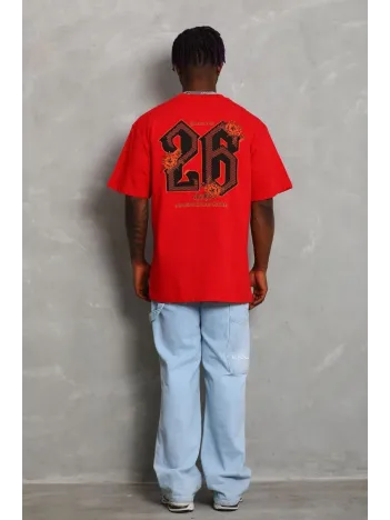 Unisex Oversize Baskılı Bisiklet Yaka T-Shirt - Kırmızı Unisex Oversize Baskılı Bisiklet Yaka T-Shirt - Kırmızı