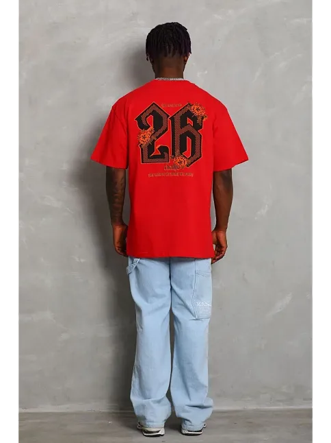 Unisex Oversize Baskılı Bisiklet Yaka T-shirt - Kırmızı