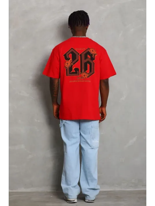 Unisex Oversize Baskılı Bisiklet Yaka T-Shirt - Kırmızı Unisex Oversize Baskılı Bisiklet Yaka T-Shirt - Kırmızı