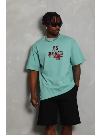 Erkek Baskılı Tişort Kısa Kol Bisiklet Yaka Ovarsize T-shirt - Mint Yeşili