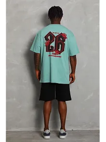 Erkek Baskılı Tişort Kısa Kol Bisiklet Yaka Ovarsize T-shirt - Mint Yeşili
