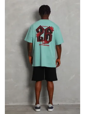 Erkek Baskılı Tişort Kısa Kol Bisiklet Yaka Ovarsize T-shirt - Mint Yeşili