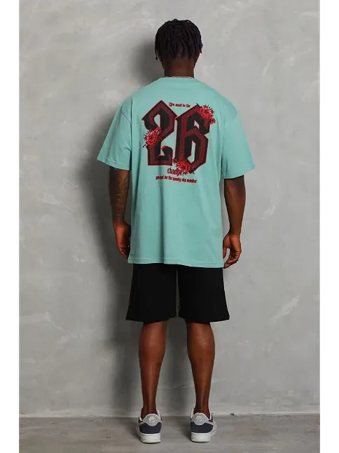 Erkek Baskılı Tişort Kısa Kol Bisiklet Yaka Ovarsize T-shirt - Mint Yeşili