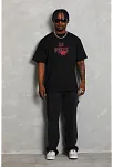 Unisex Oversize Baskılı Bisiklet Yaka T-shirt - Siyah