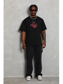 Unisex Oversize Baskılı Bisiklet Yaka T-shirt - Siyah