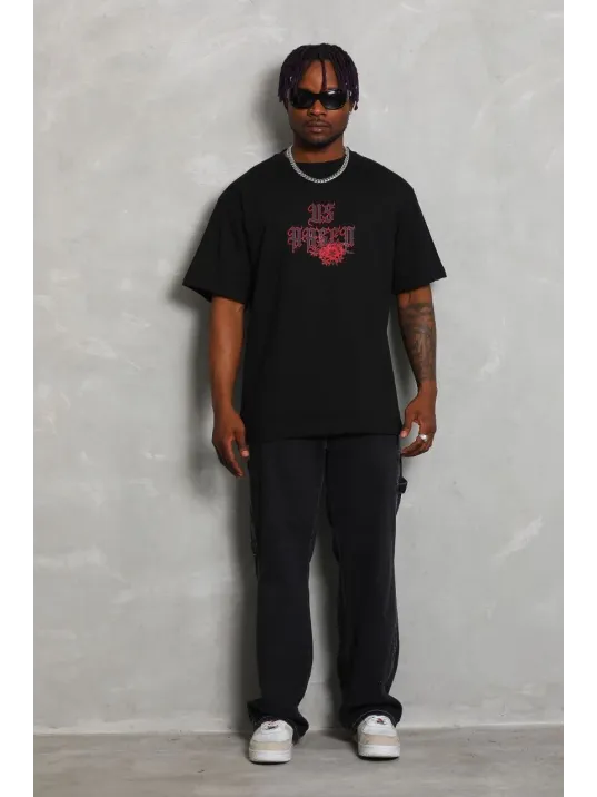 Unisex Oversize Baskılı Bisiklet Yaka T-Shirt - Siyah Unisex Oversize Baskılı Bisiklet Yaka T-Shirt - Siyah