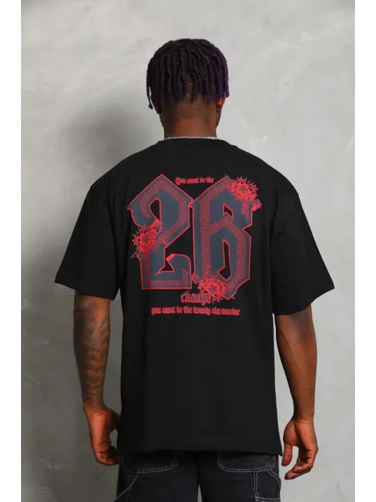 Unisex Oversize Baskılı Bisiklet Yaka T-Shirt - Siyah Unisex Oversize Baskılı Bisiklet Yaka T-Shirt - Siyah