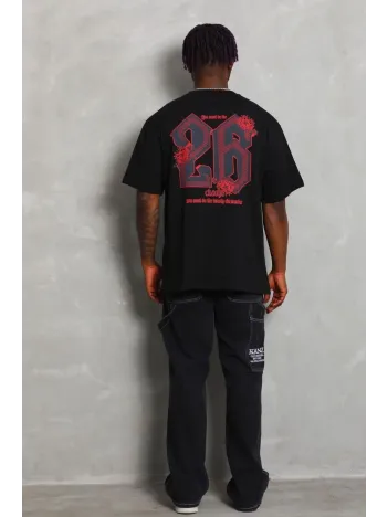 Unisex Oversize Baskılı Bisiklet Yaka T-Shirt - Siyah