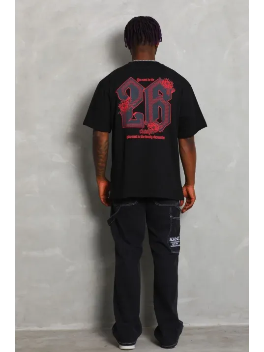 Unisex Oversize Baskılı Bisiklet Yaka T-Shirt - Siyah Unisex Oversize Baskılı Bisiklet Yaka T-Shirt - Siyah