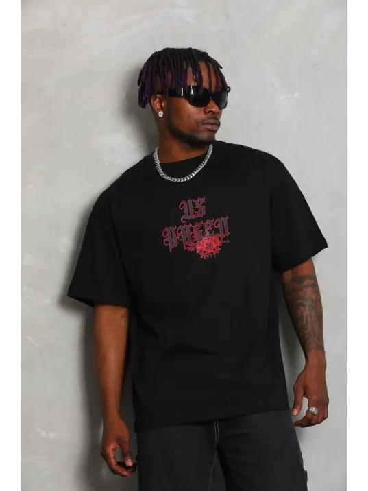 Unisex Oversize Baskılı Bisiklet Yaka T-Shirt - Siyah Unisex Oversize Baskılı Bisiklet Yaka T-Shirt - Siyah