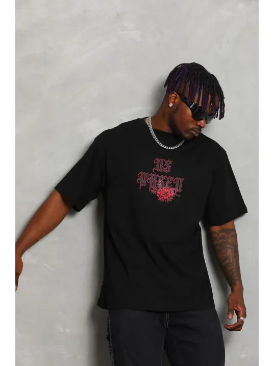 Unisex Oversize Baskılı Bisiklet Yaka T-Shirt - Siyah Unisex Oversize Baskılı Bisiklet Yaka T-Shirt - Siyah