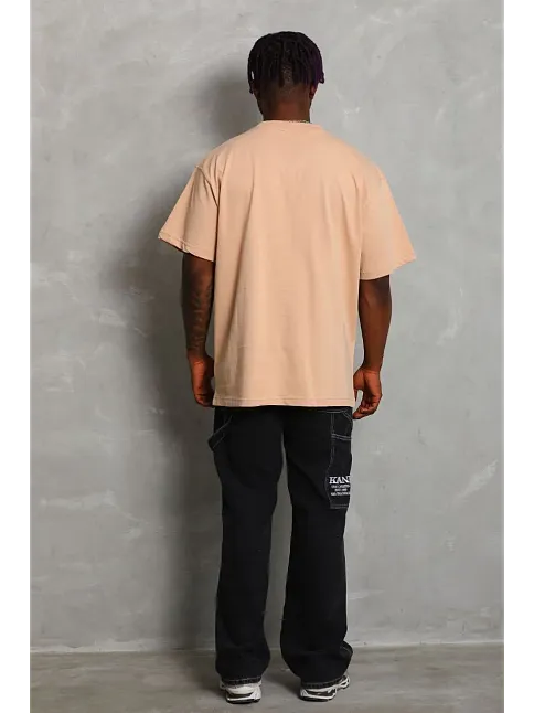Unisex Oversize Düz Bisiklet Yaka T-shirt - Bej