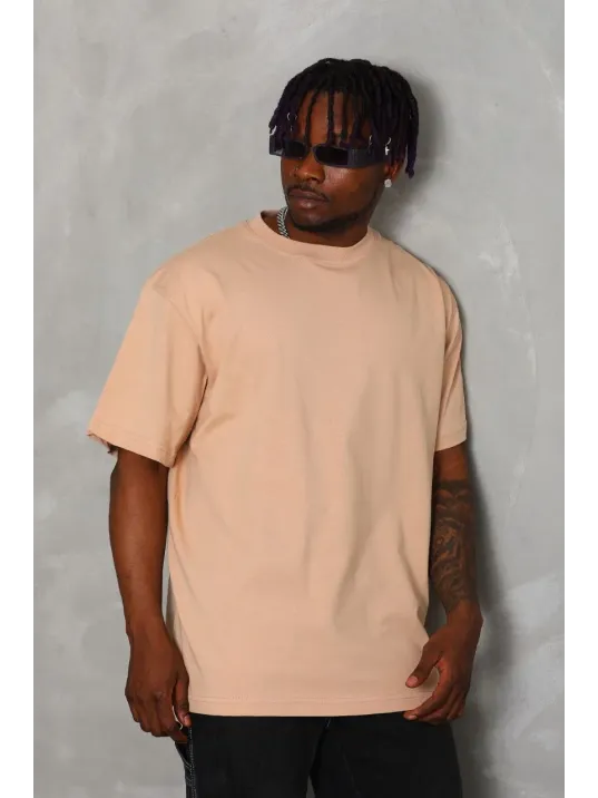 Unisex Oversize Düz Bisiklet Yaka T-Shirt - Bej Unisex Oversize Düz Bisiklet Yaka T-Shirt - Bej