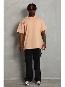 Unisex Oversize Düz Bisiklet Yaka T-shirt - Bej