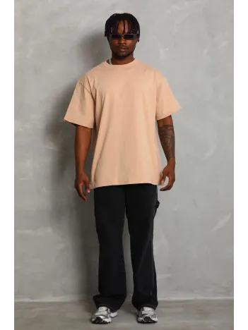 Unisex Oversize Düz Bisiklet Yaka T-Shirt - Bej Unisex Oversize Düz Bisiklet Yaka T-Shirt - Bej