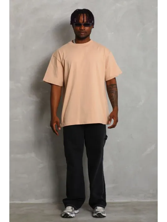 Unisex Oversize Düz Bisiklet Yaka T-Shirt - Bej Unisex Oversize Düz Bisiklet Yaka T-Shirt - Bej