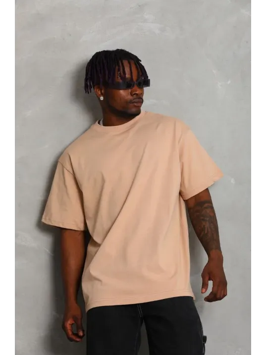 Unisex Oversize Düz Bisiklet Yaka T-Shirt - Bej Unisex Oversize Düz Bisiklet Yaka T-Shirt - Bej