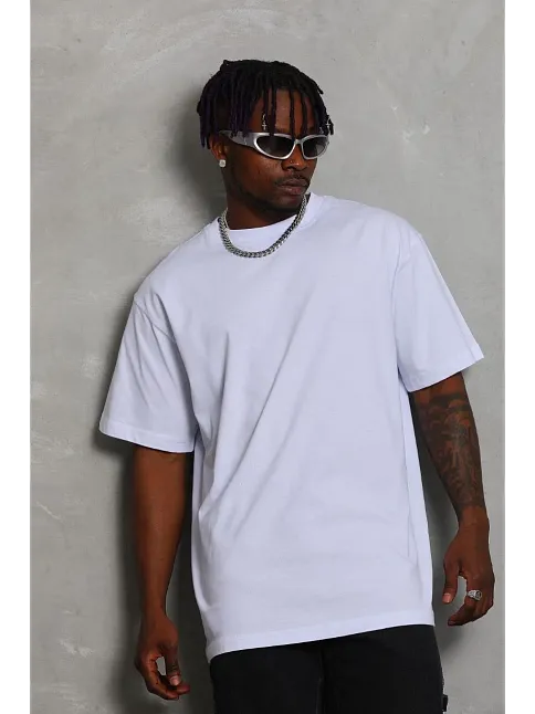Unisex Oversize Düz Bisiklet Yaka T-shirt - Beyaz