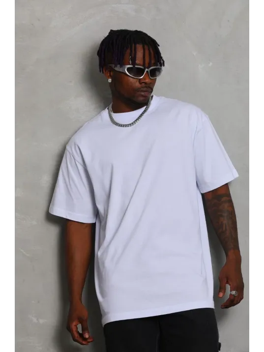 Unisex Oversize Düz Bisiklet Yaka T-Shirt - Beyaz Unisex Oversize Düz Bisiklet Yaka T-Shirt - Beyaz