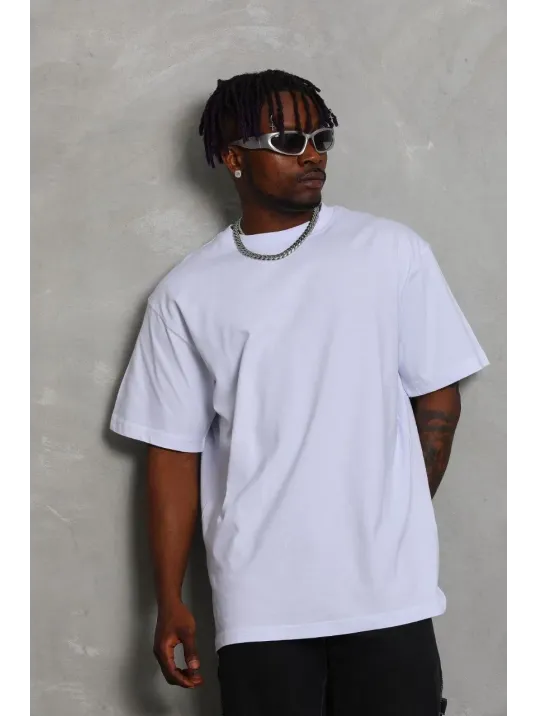 Unisex Oversize Düz Bisiklet Yaka T-Shirt - Beyaz Unisex Oversize Düz Bisiklet Yaka T-Shirt - Beyaz