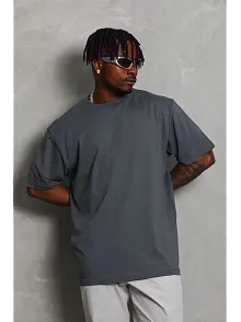 Erkek Düz Yazlık Kısa Kol Tişort Bisiklet Yaka Ovarsize T-shirt -  Füme