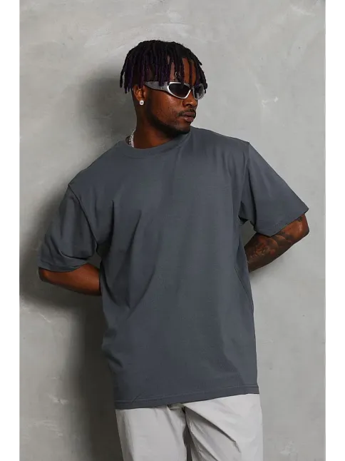Erkek Düz Yazlık Kısa Kol Tişort Bisiklet Yaka Ovarsize T-shirt -  Füme