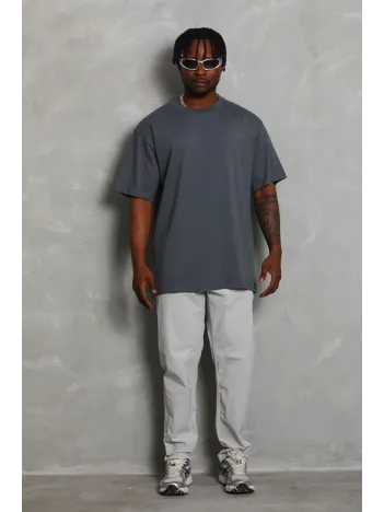 Erkek Düz Yazlık Kısa Kol Tişort Bisiklet Yaka Ovarsize T-shirt -  Füme