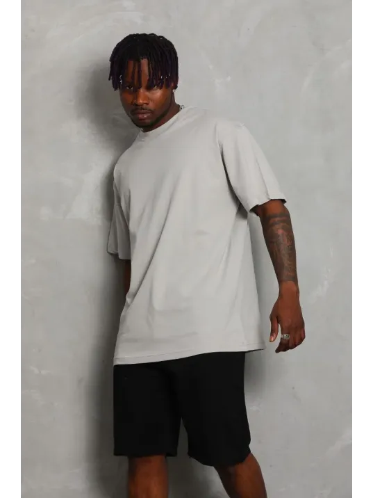 Unisex Oversize Düz Bisiklet Yaka T-Shirt - Gri