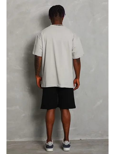 Unisex Oversize Düz Bisiklet Yaka T-shirt - Gri
