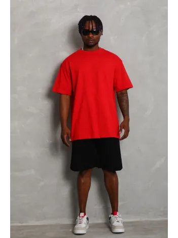Unisex Oversize Düz Bisiklet Yaka T-Shirt - Kırmızı Unisex Oversize Düz Bisiklet Yaka T-Shirt - Kırmızı