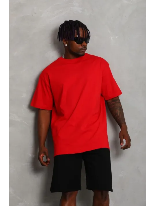 Unisex Oversize Düz Bisiklet Yaka T-Shirt - Kırmızı