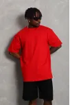 Unisex Oversize Düz Bisiklet Yaka T-shirt - Kırmızı