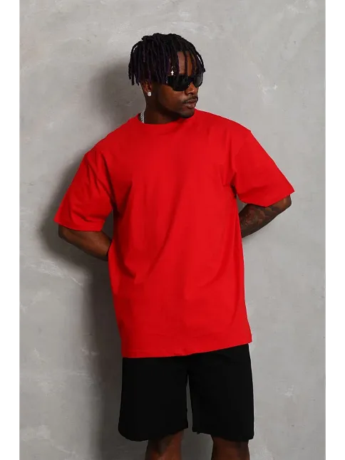 Unisex Oversize Düz Bisiklet Yaka T-shirt - Kırmızı