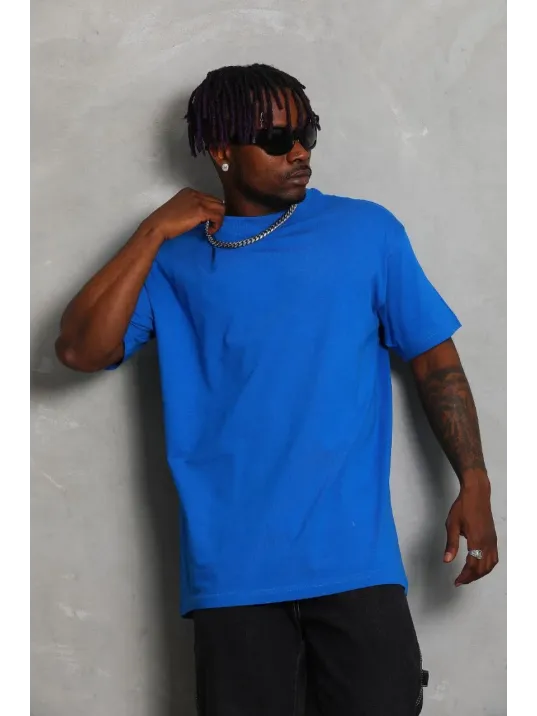Unisex Oversize Düz Bisiklet Yaka T-Shirt - Mavi