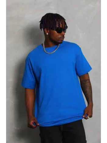 Unisex Oversize Düz Bisiklet Yaka T-Shirt - Mavi