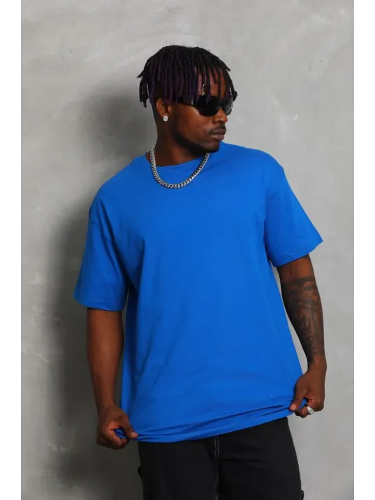 Unisex Oversize Düz Bisiklet Yaka T-Shirt - Mavi