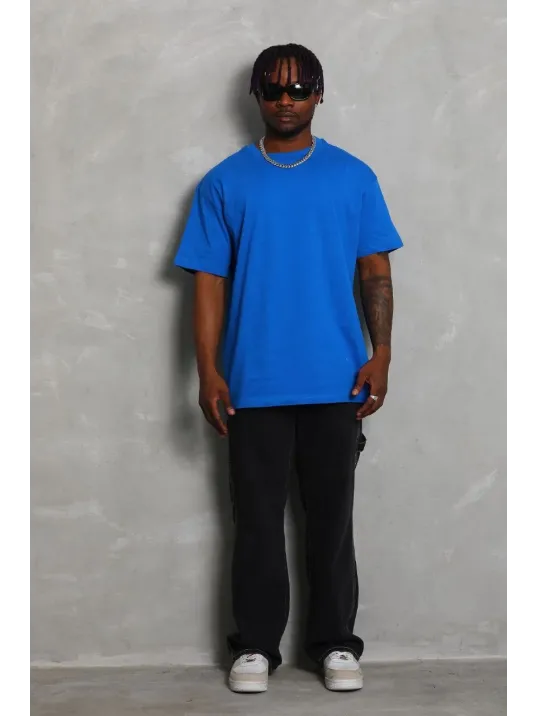 Unisex Oversize Düz Bisiklet Yaka T-Shirt - Mavi Unisex Oversize Düz Bisiklet Yaka T-Shirt - Mavi