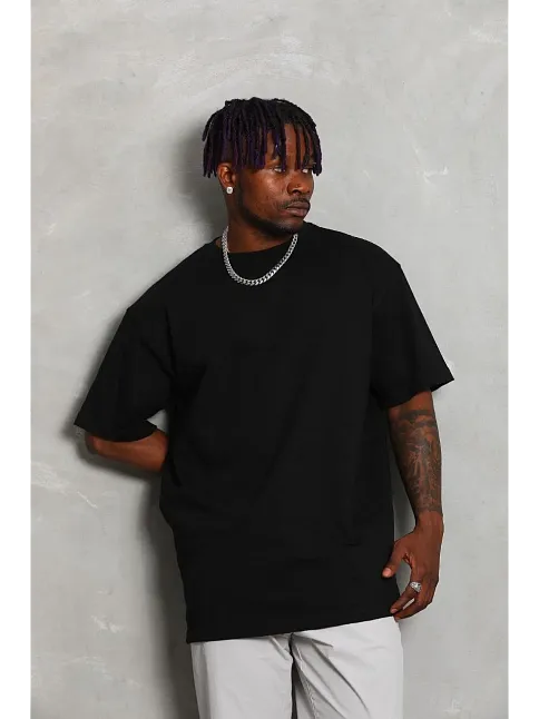 Unisex Oversize Düz Bisiklet Yaka T-shirt - Siyah