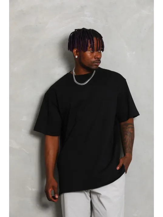 Unisex Oversize Düz Bisiklet Yaka T-Shirt - Siyah