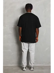 Unisex Oversize Düz Bisiklet Yaka T-shirt - Siyah