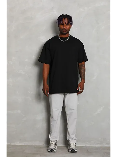 Unisex Oversize Düz Bisiklet Yaka T-shirt - Siyah