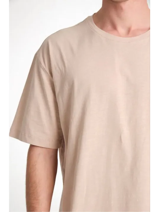 Erkek 24/1 Düz A Kalite Oversize T-shirt - Bej