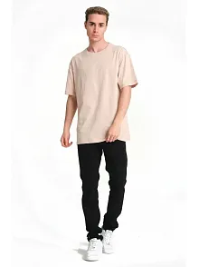 Erkek 24/1 Düz A Kalite Oversize T-shirt - Bej