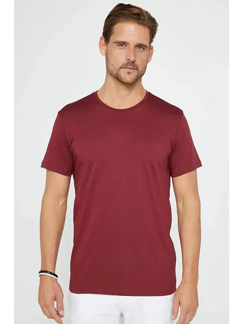Erkek  Düz A Kalite Pamuklu Penye  T-shirt - Bordo