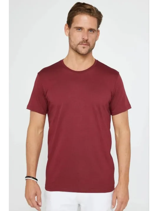 Erkek  Düz A Kalite Pamuklu Penye  T-shirt - Bordo