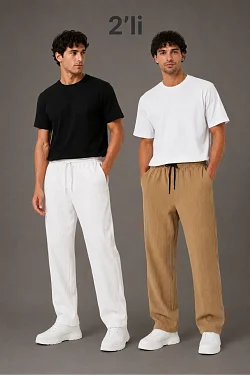 Erkek 2'li Bürümcük Kumaş Beli Lastikli Bağcıklı Bol Paça Pantolon - Beyaz/vizon