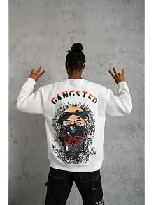 Erkek 3 İplik Gangster Baskılı Sweatshirt - Beyaz