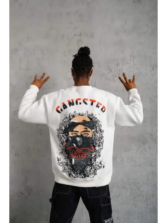 Erkek 3 İplik Gangster Baskılı Sweatshirt - Beyaz